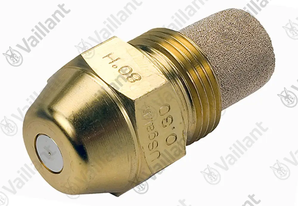 Vaillant Brennerdüse aus Metall mit runder Kopfstruktur und porösem Filter. Gewinde zur Montage an Heizsystemen.